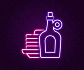 Glowing neon line Bottle of maple syrup with stack of pancakes icon isolated on black background. Colorful outline concept. Vector