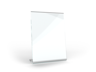 Acrylic table tent, card holder isolated on transparent background. PNG file. 3d render.