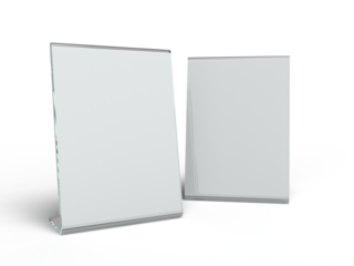 Acrylic table tent, card holder isolated on transparent background. PNG file. 3d render.