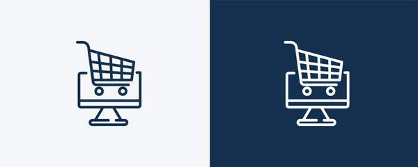 online store cart icon. Outline online store cart icon from commerce and marketing collection. Linear vector isolated on white and dark blue background. Editable online store cart?symbol. © Abstract