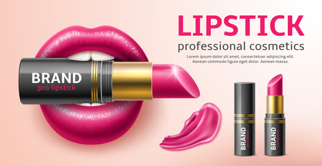 Realistic lipstick with lips poster. Sexy womens lips hold an open lipstick in teeth, luxury makeup advertising banner, premium cosmetic presentation, 3d isolated elements, utter vector concept