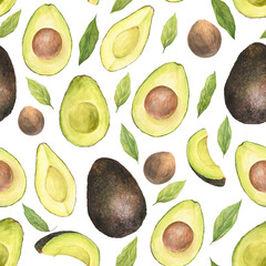 Watercolor seamless pattern with illustration of appetizing green sliced hass avocados with pit and leaves on white background.