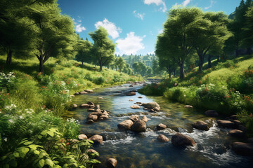 A scenic landscape with a river or stream flowing through lush greenery, symbolizing the ideal fishing environment.  Generative AI technology