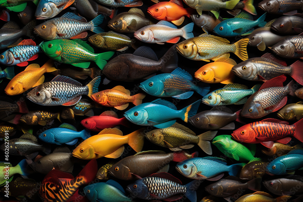 Poster a composite image of different species of fish arranged in a visually appealing pattern, celebrating