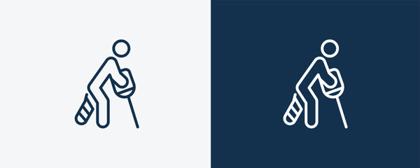 broken leg icon. Outline broken leg icon from humans and behavior collection. Linear vector isolated on white and dark blue background. Editable broken leg symbol.