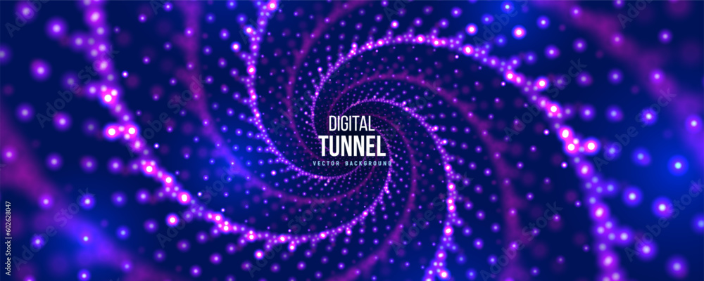 Poster portal with light effects. neon particles tunnel. abstract technology background. vector illustratio