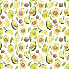 Watercolor seamless pattern with illustration of appetizing green sliced hass avocados with pit and leaves on white background.