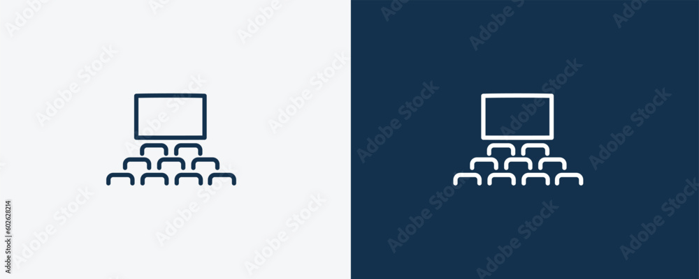 Sticker cinema audience icon. Outline cinema audience icon from cinema and theater collection. Linear vector isolated on white and dark blue background. Editable cinema audience symbol.