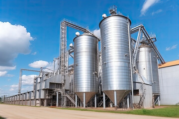 Modern Granary elevator and seed cleaning line. Silver silos on agro-processing and manufacturing plant
