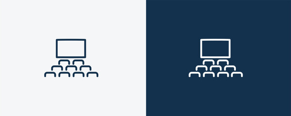 cinema audience icon. Outline cinema audience icon from cinema and theater collection. Linear vector isolated on white and dark blue background. Editable cinema audience symbol.