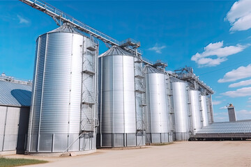 Modern Granary elevator and seed cleaning line. Silver silos on agro-processing and manufacturing plant