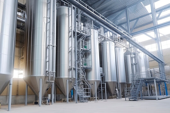 Modern Granary elevator and seed cleaning line. Silver silos on agro-processing and manufacturing plant