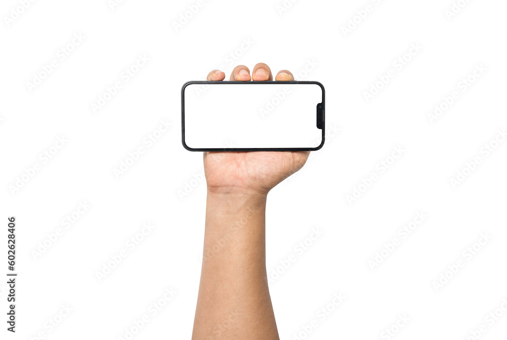 Poster isolation of hand holding blank screen of smartphone on white background with clipping path for mock