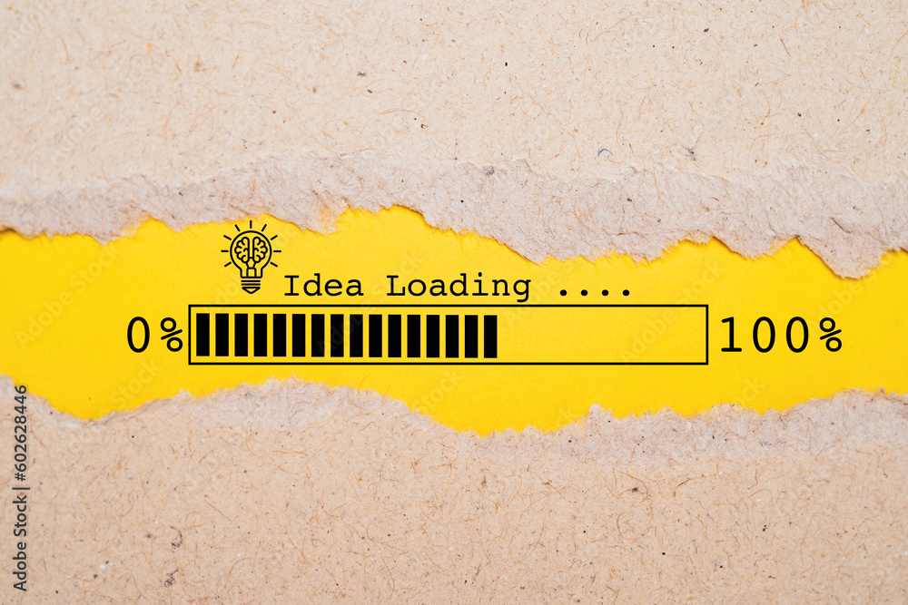Poster idea loading icon on yellow background and brown torn paper for creative thinking idea and problem s