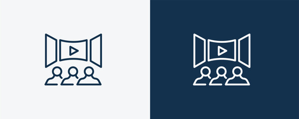 movie theatre icon. Outline movie theatre icon from cinema and theater collection. Linear vector isolated on white and dark blue background. Editable movie theatre symbol.