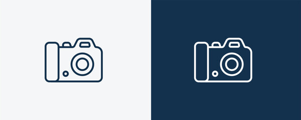 dslr camera icon. Outline dslr camera icon from cinema and theater collection. Linear vector isolated on white and dark blue background. Editable dslr camera symbol.