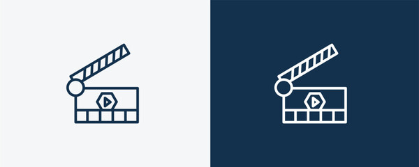 movie clapper open icon. Outline movie clapper open icon from cinema and theater collection. Linear vector isolated on white and dark blue background. Editable movie clapper open symbol.