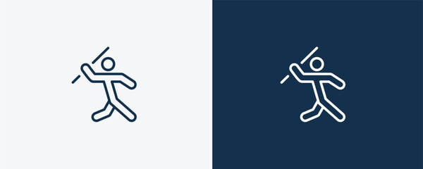 man throwing javelin icon. Outline man throwing javelin icon from behavior and action collection. Linear vector isolated on white and dark blue background. Editable man throwing javelin symbol.
