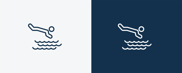 headfirst to water icon. Outline headfirst to water icon from behavior and action collection. Linear vector isolated on white and dark blue background. Editable headfirst to water symbol.