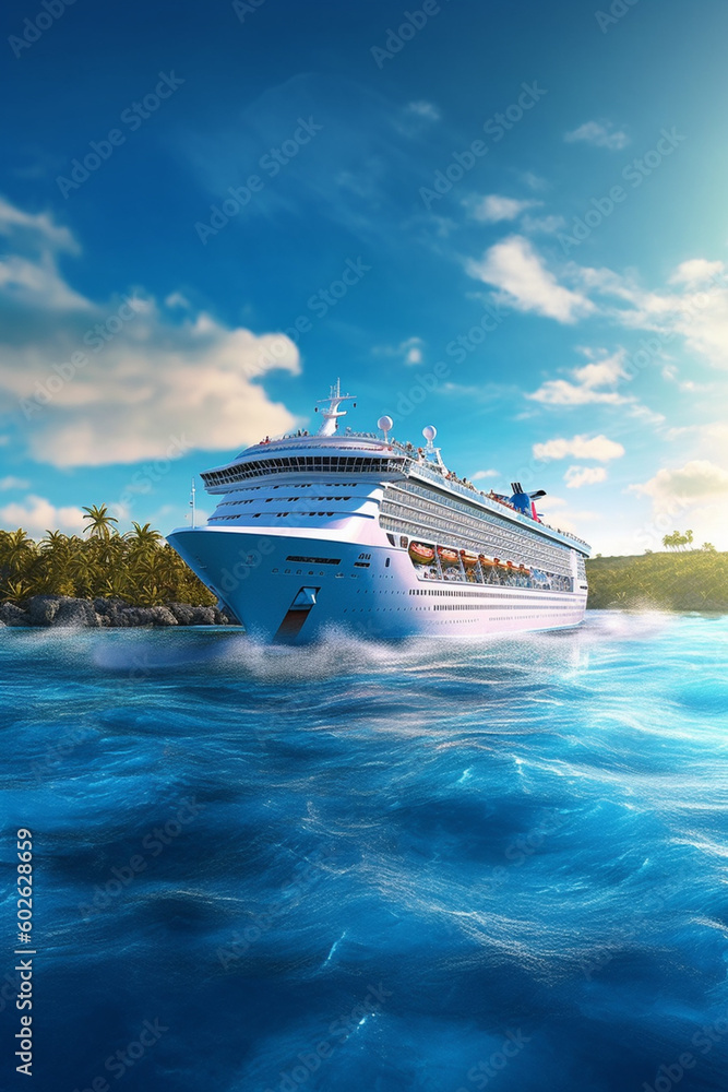Poster a cruise ship sailing in pristine waters, capturing the allure of cruising and exploring multiple de