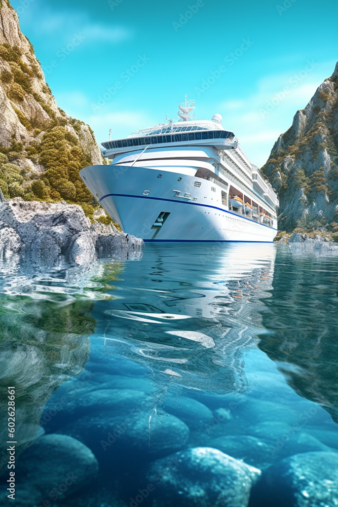 Poster a cruise ship sailing in pristine waters, capturing the allure of cruising and exploring multiple de