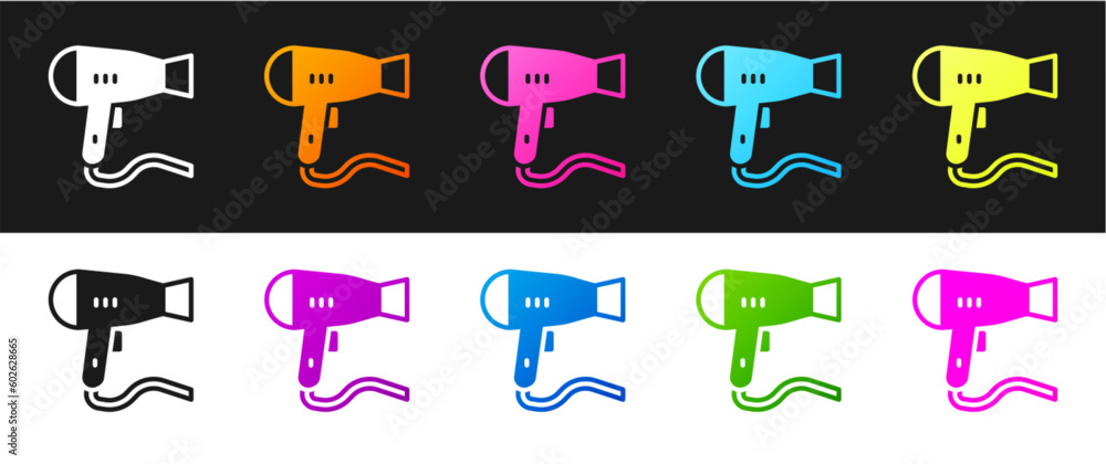 Wall mural Set Hair dryer icon isolated on black and white background. Hairdryer sign. Hair drying symbol. Blowing hot air. Vector