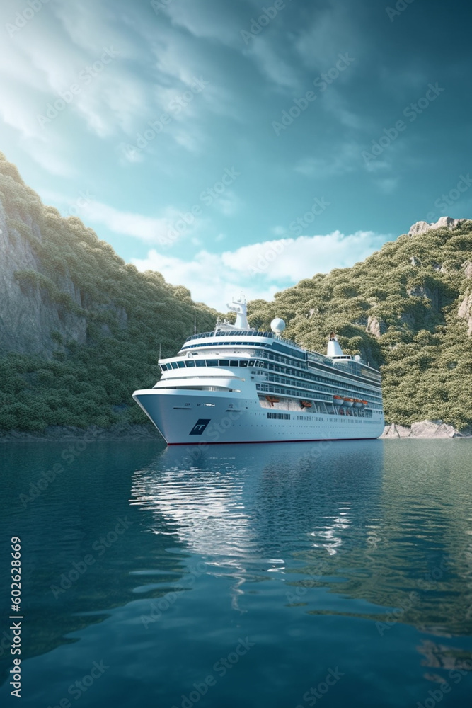 Poster a cruise ship sailing in pristine waters, capturing the allure of cruising and exploring multiple de