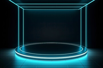 Neon light room with round stage in the center, 3d rendering. Computer digital drawing.