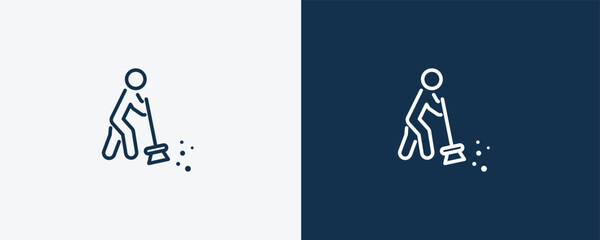 man sweeping icon. Outline man sweeping icon from behavior and action collection. Linear vector isolated on white and dark blue background. Editable man sweeping symbol.