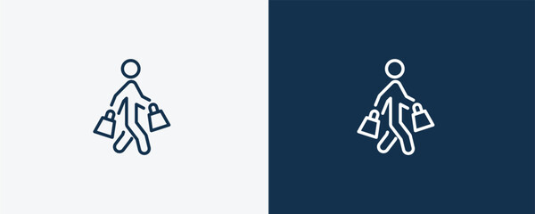 shopper man icon. Outline shopper man icon from behavior and action collection. Linear vector isolated on white and dark blue background. Editable shopper man symbol.