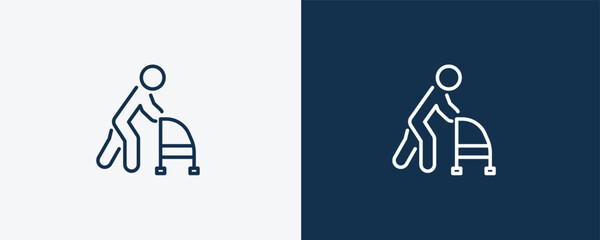 old man with cane icon. Outline old man with cane icon from behavior and action collection. Linear vector isolated on white and dark blue background. Editable old man with cane symbol.