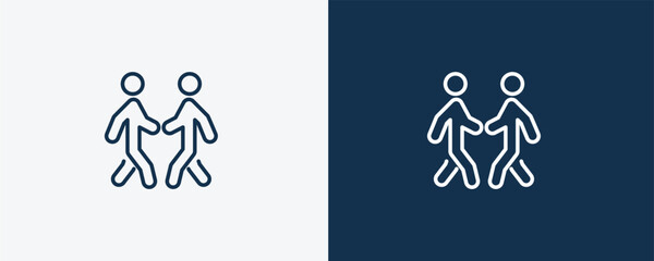 two men meeting icon. Outline two men meeting icon from behavior and action collection. Linear vector isolated on white and dark blue background. Editable two men meeting symbol.