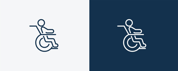 man on wheelchair icon. Outline man on wheelchair icon from behavior and action collection. Linear vector isolated on white and dark blue background. Editable man on wheelchair symbol.