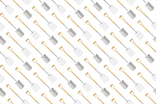 Seamless pattern with gardening tool and garden equipment, spade and fork with wooden handle, isolated top view on white background. Wrapper template for greenhouse or flower shop.