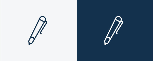 ballpoint pen icon. Outline ballpoint pen, pen icon from education collection. Linear vector isolated on white and dark blue background. Editable ballpoint pen symbol.