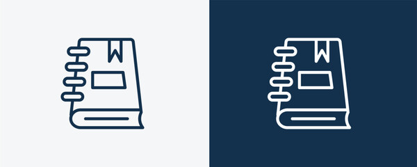 notebook with bookmark icon. Outline notebook with bookmark, notebook icon from education collection. Linear vector isolated on white and dark blue background. Editable notebook with bookmark symbol.