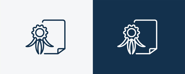 diploma with seal icon. Outline diploma with seal, diploma icon from education collection. Linear vector isolated on white and dark blue background. Editable diploma with seal symbol.
