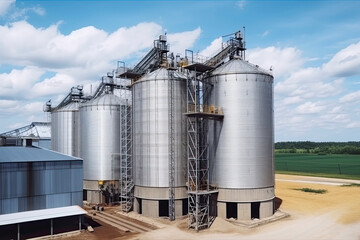 Obraz premium panorama view on agro silos granary elevator on agro-processing manufacturing plant for processing