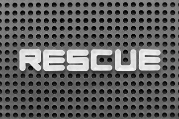 White alphabet letter in word rescue on black pegboard background