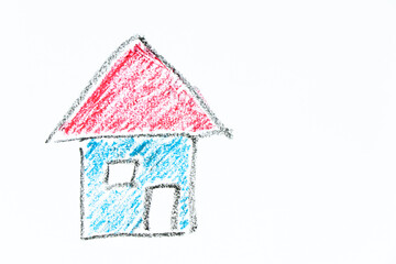 Color oil pastel hand drawing in home or house shape on white paper background