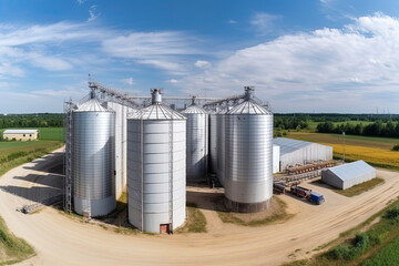 panorama view on agro silos granary elevator on agro-processing manufacturing plant for processing - obrazy, fototapety, plakaty