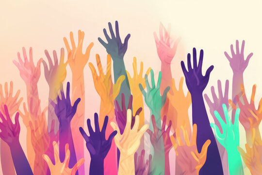 Group of people raising their hands in the air. Colorful Illustration. Human rights. Ai generated image