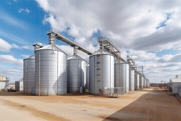 Obraz premium panorama view on agro silos granary elevator on agro-processing manufacturing plant for processing