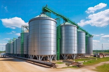 panorama view on agro silos granary elevator on agro-processing manufacturing plant for processing