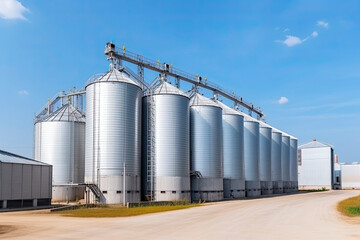 Obraz premium panorama view on agro silos granary elevator on agro-processing manufacturing plant for processing