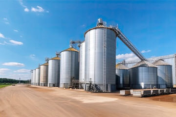 panorama view on agro silos granary elevator on agro-processing manufacturing plant for processing
