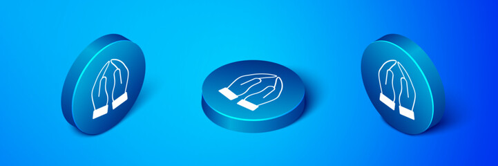 Isometric Hands in praying position icon isolated on blue background. Prayer to god with faith and hope. Blue circle button. Vector