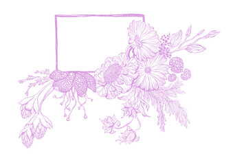 Elegant pink floral ink frame on a white background. Large PNG format.