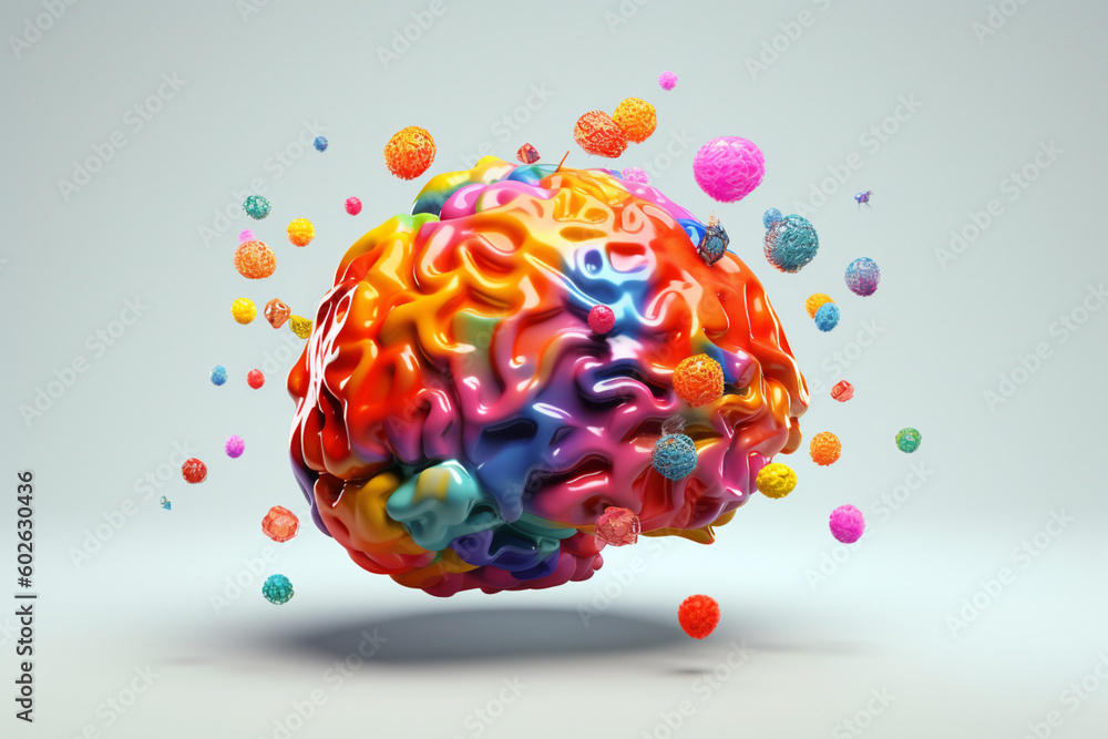 Poster a brain with colorful thought bubbles, symbolizing the creative and imaginative process of generatin