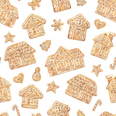 Christmas gingerbread. Watercolor seamless pattern with winter cookies. Cozy hand-drawn texture with gingerbread houses